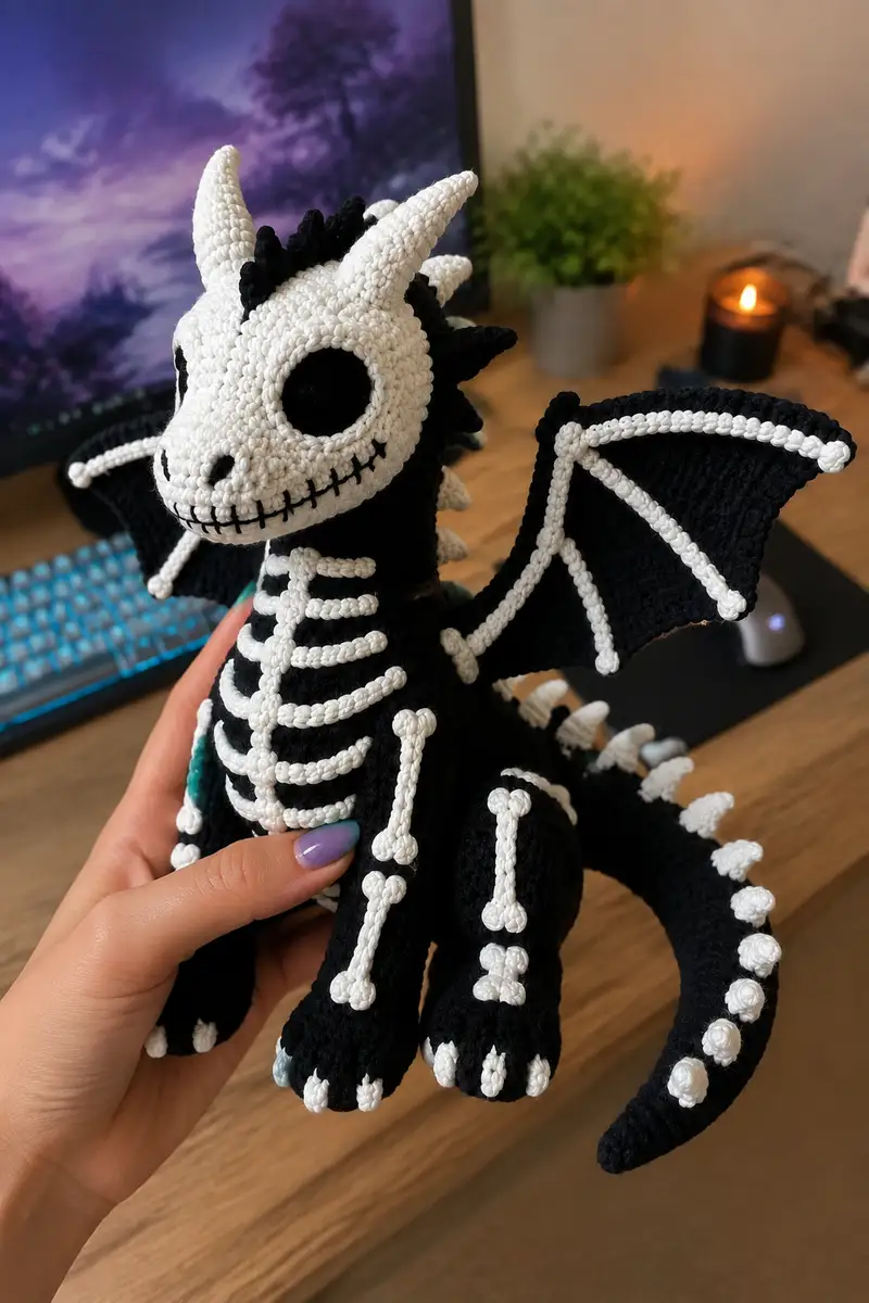 Free Advanced crochet pattern: Big Skeleton Dragon with Bone Pattern and Stitched Smile Amigurumi Pattern - Easy to follow tutorial