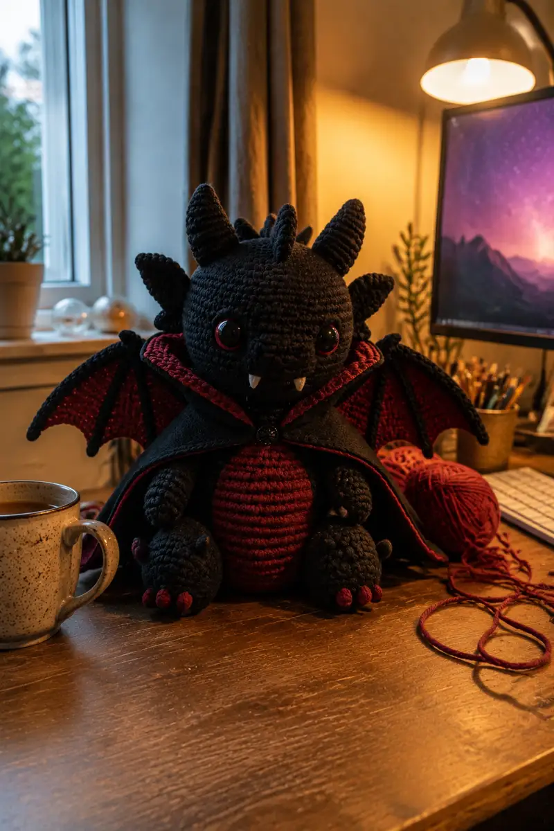 Free Advanced crochet pattern: Big Vampire Dragon with Black Cape and Tiny Fangs Amigurumi Pattern - Easy to follow tutorial