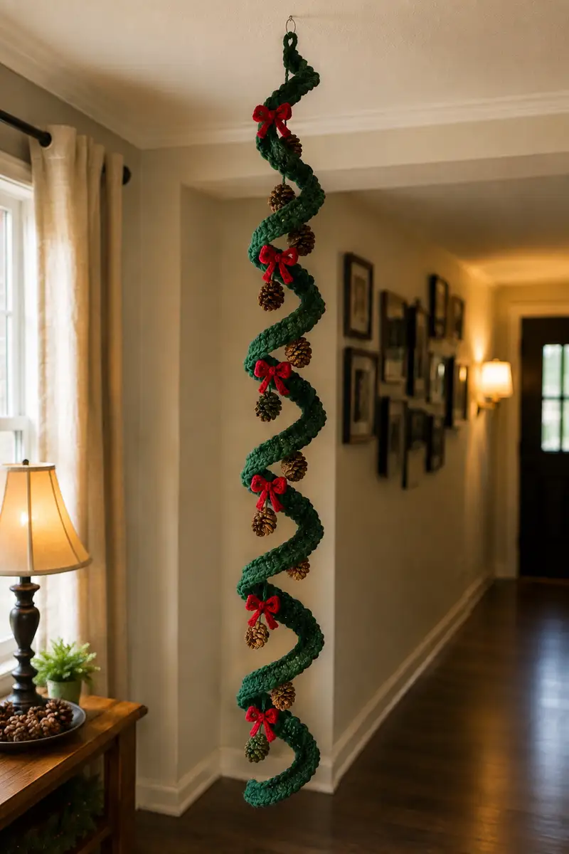 Free Intermediate crochet pattern: Evergreen Spiral Christmas Garland Trailing with Pinecones and Red Bows Pattern - Easy to follow tutorial