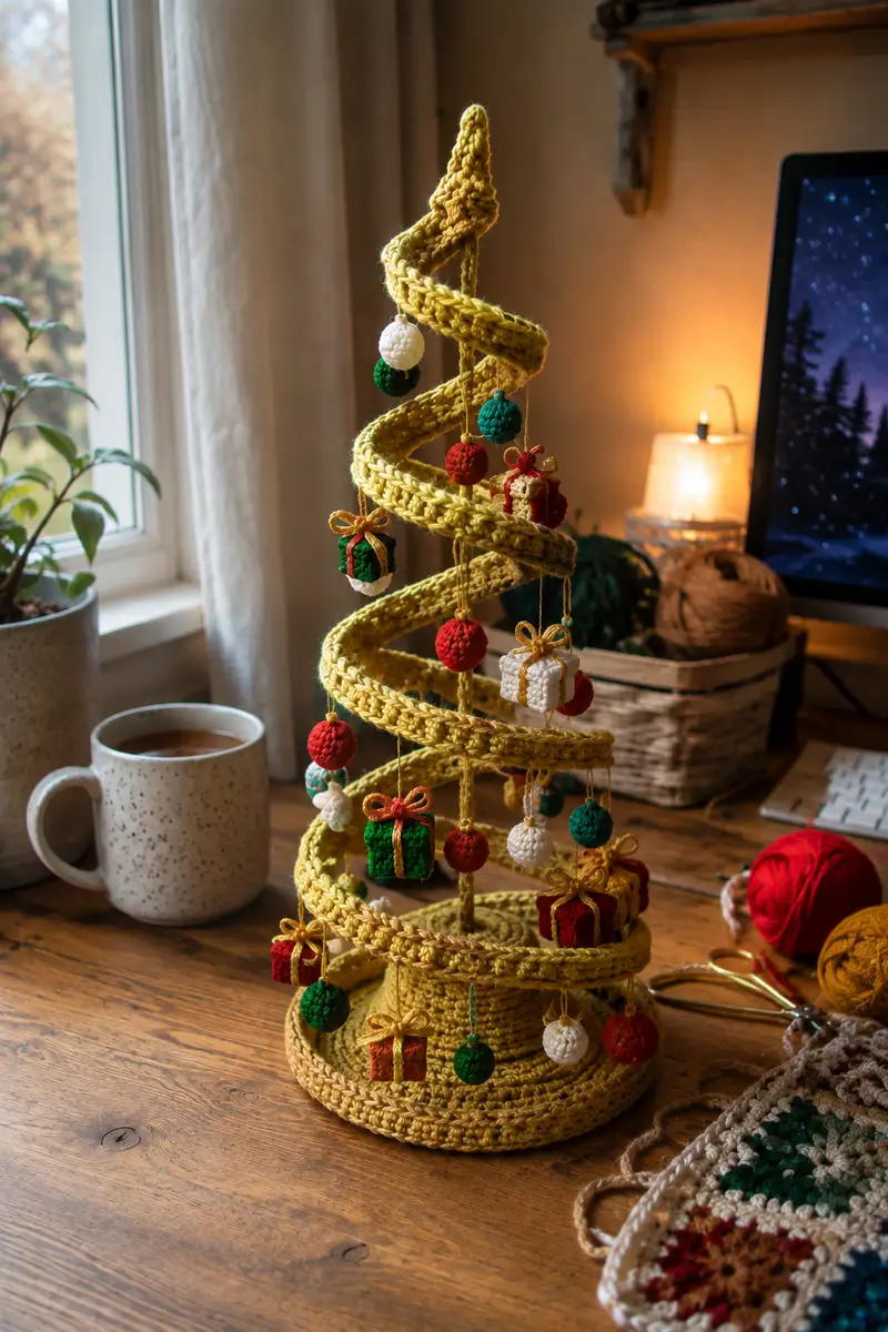 Free Intermediate crochet pattern: Gold Spiral Christmas Garland with Baubles and Tiny Presents Pattern - Easy to follow tutorial