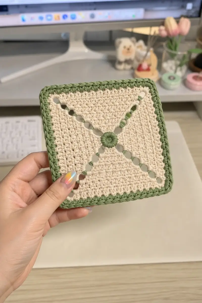 Handmade Cream and Moss Green Crochet Bedspread Set Pattern