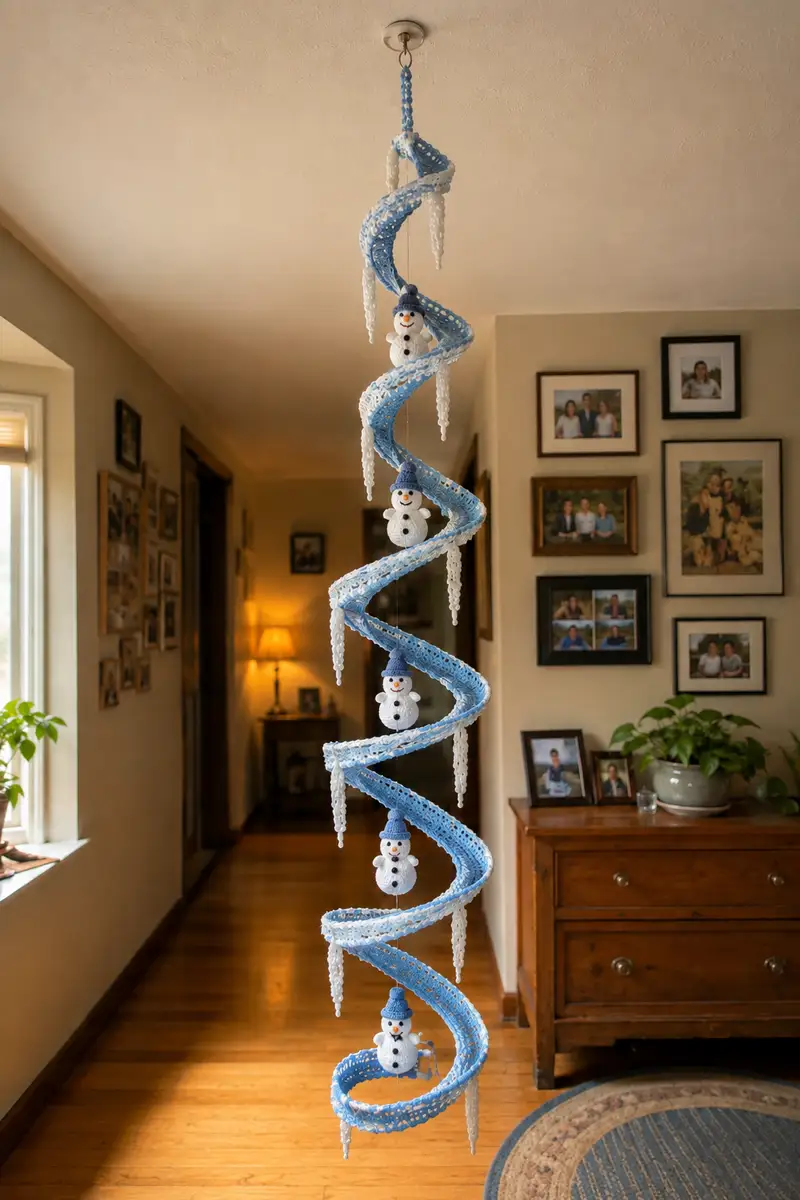 Free Intermediate crochet pattern: Icy Blue Spiral Snowman Garland Amigurumi Pattern - Easy to follow tutorial