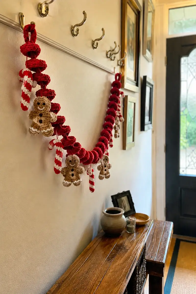 Free Intermediate crochet pattern: Classic Red Spiral Christmas Garland with Gingerbread Men and Candy Canes Pattern - Easy to follow tutorial