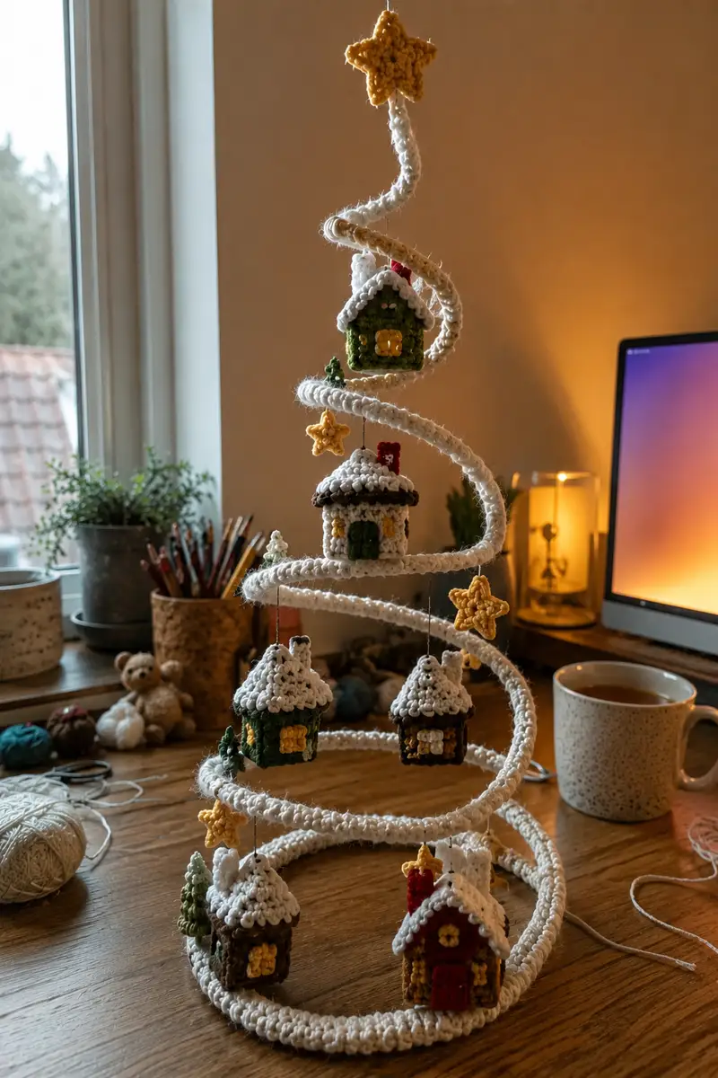 Free Intermediate crochet pattern: Snowy Roof Spiral Christmas Garland with Little Houses and Stars Pattern - Easy to follow tutorial