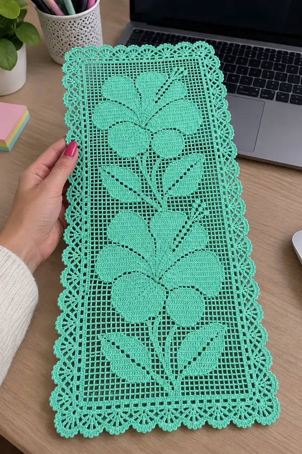 Handmade Mint Green Hibiscus Table Runner Pattern