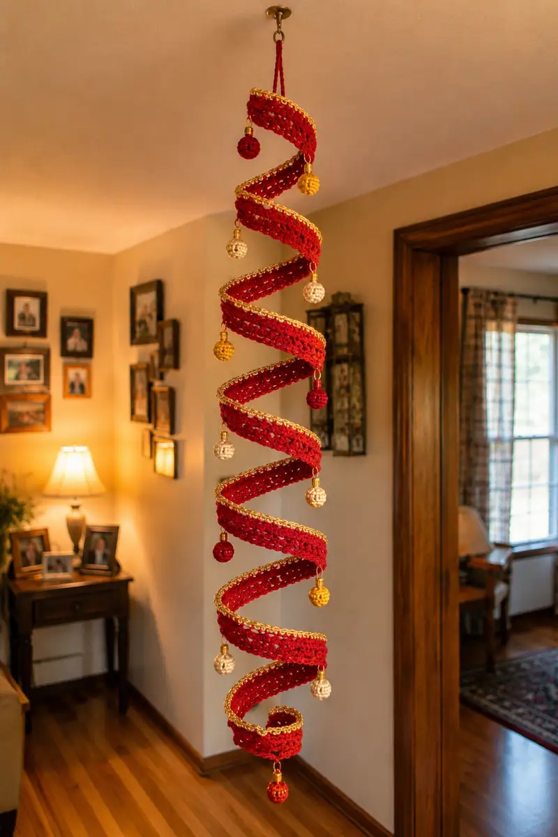 Free Intermediate crochet pattern: Red and Gold Spiral Christmas Garland Hanging Pattern - Easy to follow tutorial