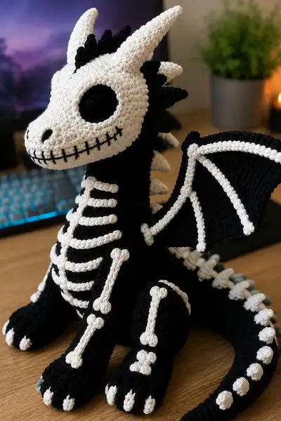 Big Skeleton Dragon with Bone Pattern and Stitched Smile Amigurumi Pattern step 2 - assembly progress