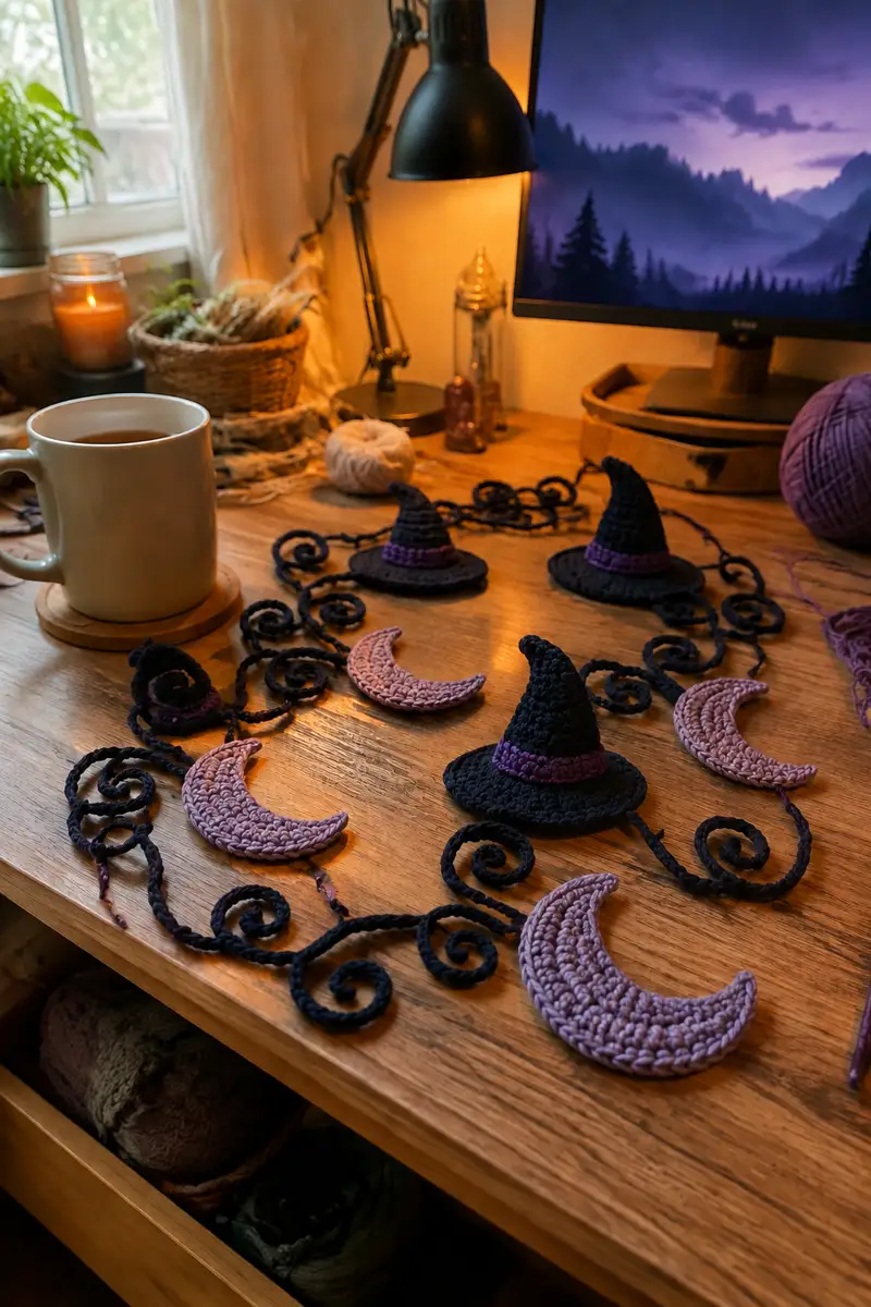 Free Intermediate crochet pattern: Midnight Spiral Halloween Garland with Witch Hats and Moons Pattern - Easy to follow tutorial