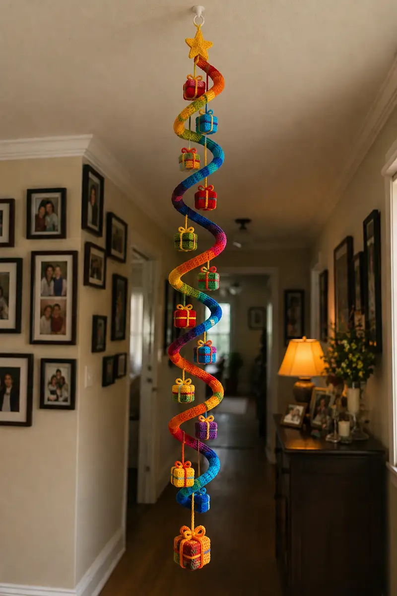Free Intermediate crochet pattern: Festive Rainbow Spiral Christmas Garland Falling with Wrapped Gifts Pattern - Easy to follow tutorial