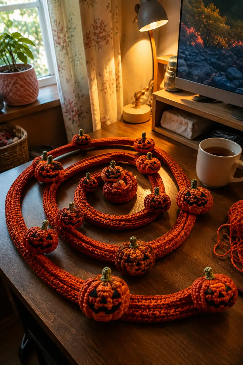 Free Intermediate crochet pattern: Orange Spiral Halloween Garland with Grinning Pumpkins Pattern - Easy to follow tutorial