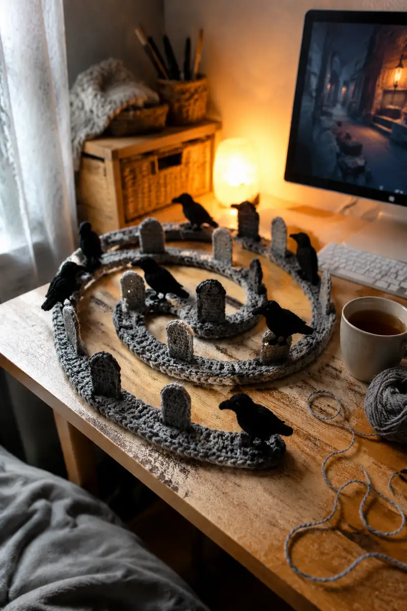 Free Intermediate crochet pattern: Grey Spiral Halloween Garland with Tombstones and Crows Pattern - Easy to follow tutorial