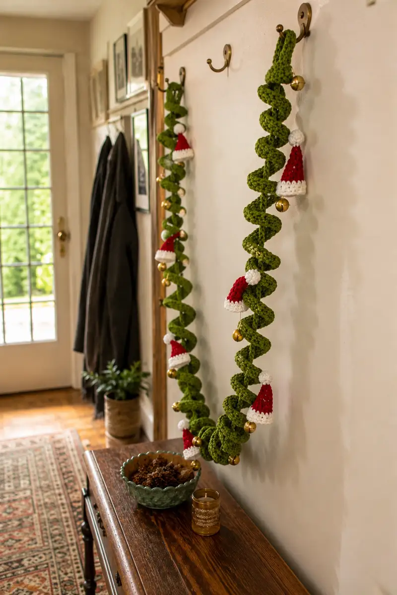 Free Intermediate crochet pattern: Green Spiral Christmas Garland with Santa Hats and Golden Bells Pattern - Easy to follow tutorial