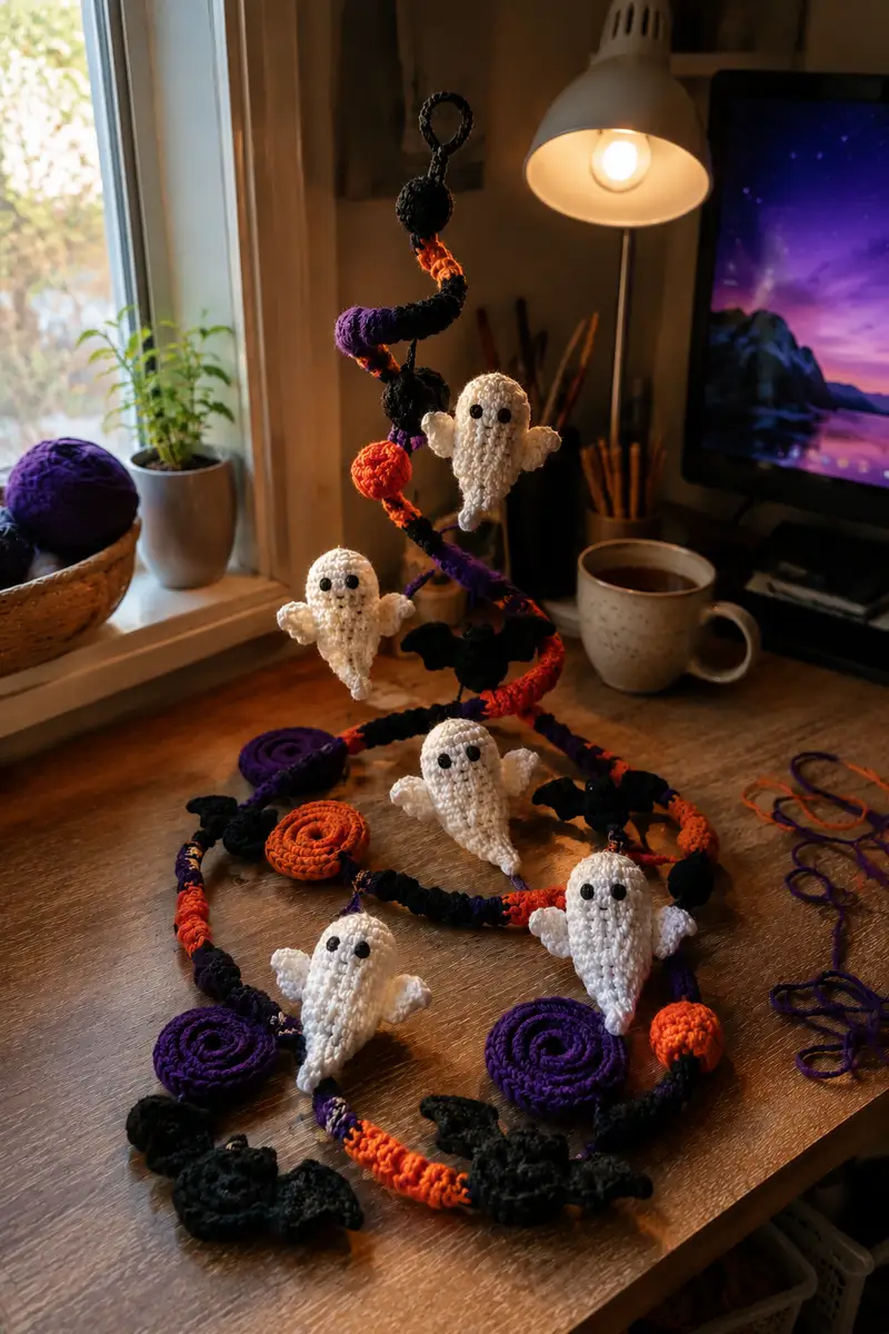 Free Intermediate crochet pattern: Spooky Spiral Halloween Garland with Floating Phantoms Amigurumi Pattern - Easy to follow tutorial