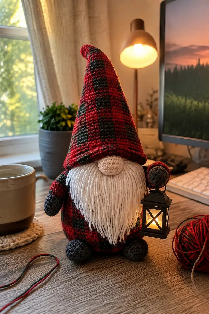 Free Intermediate crochet pattern: Big Plaid Christmas Gnome Holding a Tiny Lantern Amigurumi Pattern - Easy to follow tutorial