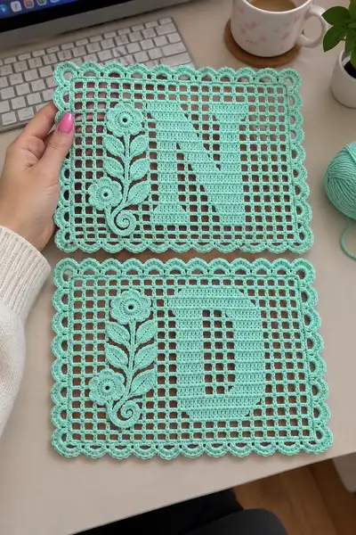 Handmade Mint Green Monogram Filet Crochet Placemat Set