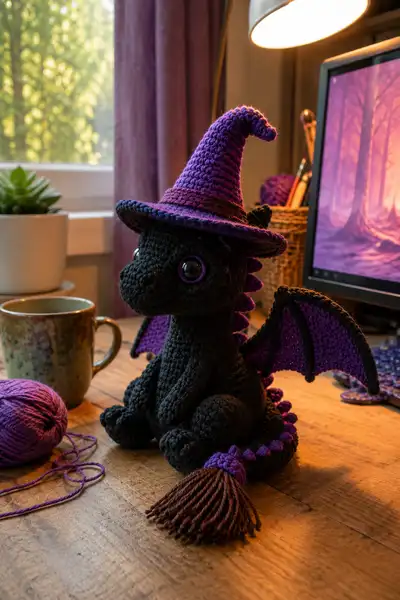 Big Witch Dragon with Purple Hat and Broomstick Tail Amigurumi Pattern step 1 - construction progress