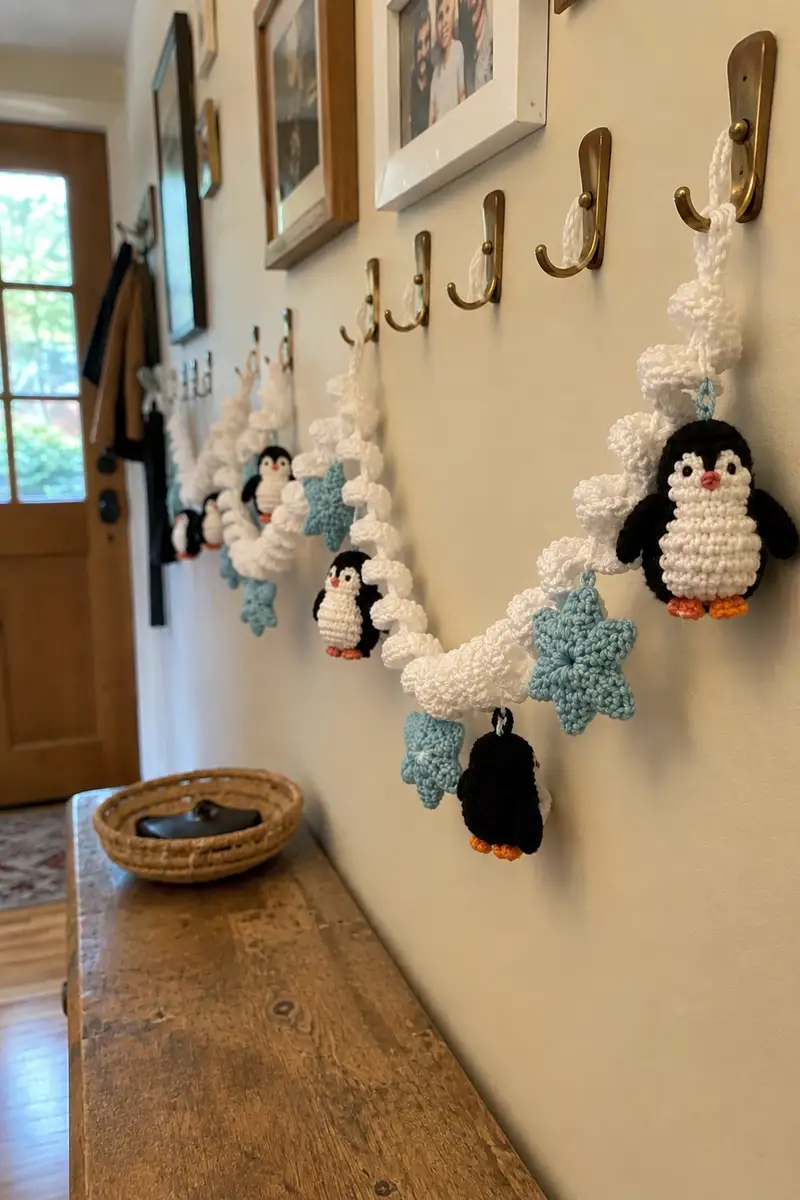 Free Intermediate crochet pattern: Snowy Spiral Garland with Tiny Penguin and Ice Blue Star Amigurumi Pattern - Easy to follow tutorial