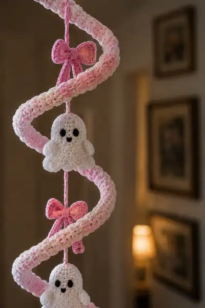 Pink Halloween Roof Spiral Garland with Ghosts and Ribbon Bows Pattern step 2 - assembly progress