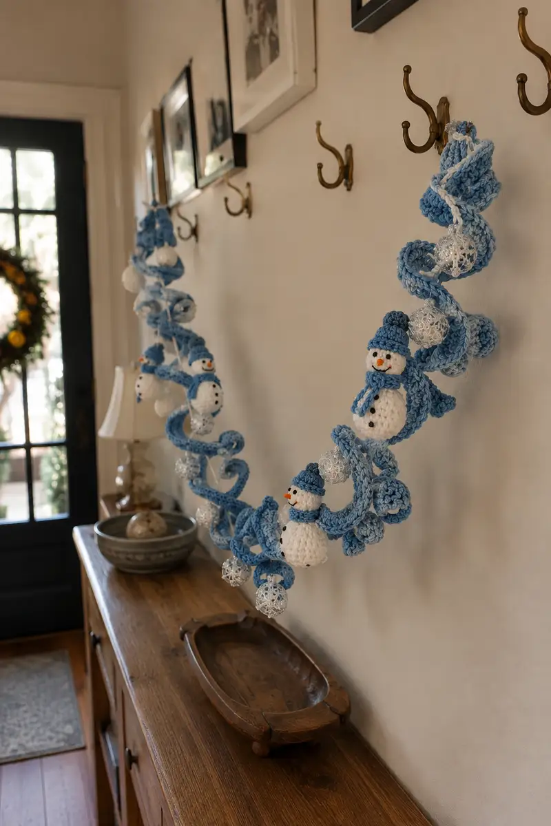 Free Intermediate crochet pattern: Frosty Blue Spiral Christmas Garland with Snowmen and Silver Baubles Pattern - Easy to follow tutorial