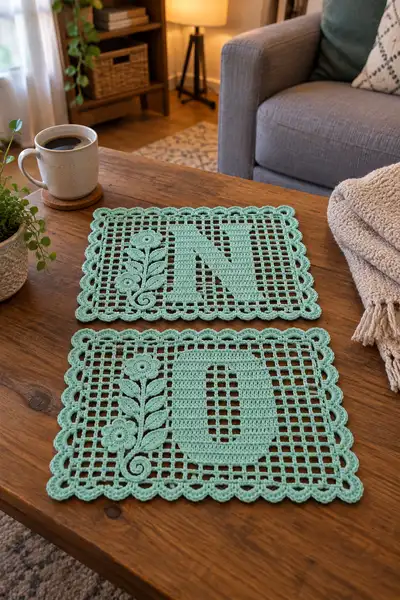 Handmade Mint Green Monogram Filet Crochet Placemat Set