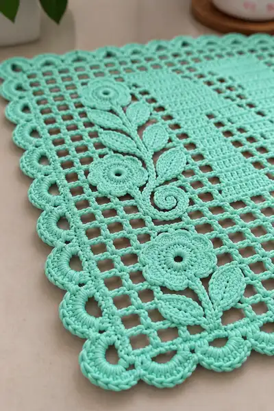 Handmade Mint Green Monogram Filet Crochet Placemat Set