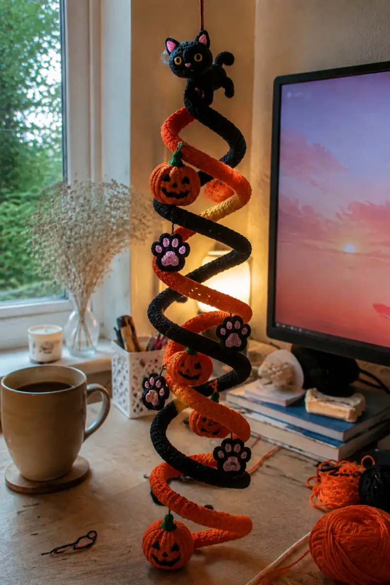 Free Intermediate crochet pattern: Black Cat Spiral Halloween Garland with Pumpkins and Paw Charms Amigurumi Pattern - Easy to follow tutorial