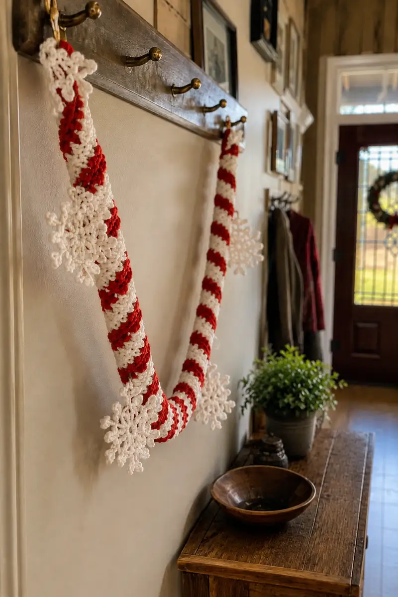 Free Intermediate crochet pattern: Red and White Candy Cane Spiral Christmas Garland with Snowflake Accents Pattern - Easy to follow tutorial