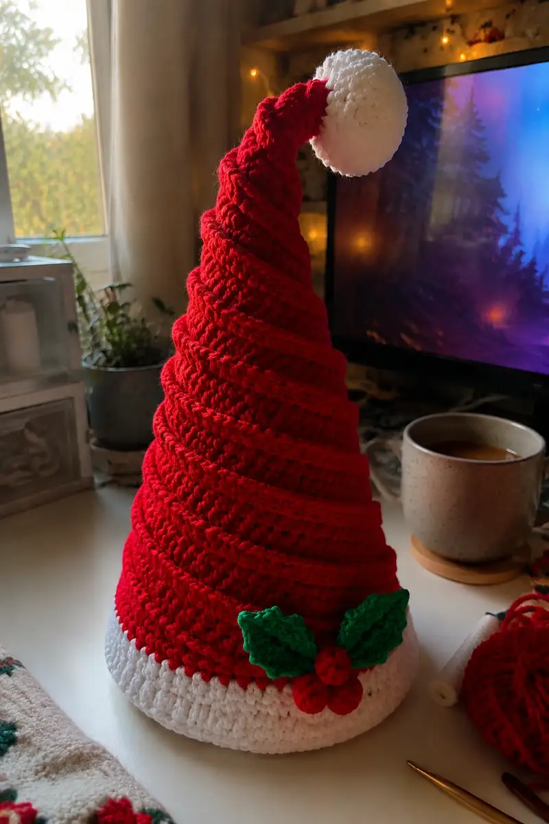Free Intermediate crochet pattern: Big Red Spiral Santa Hat with White Pom Pom and Holly Amigurumi Pattern - Easy to follow tutorial