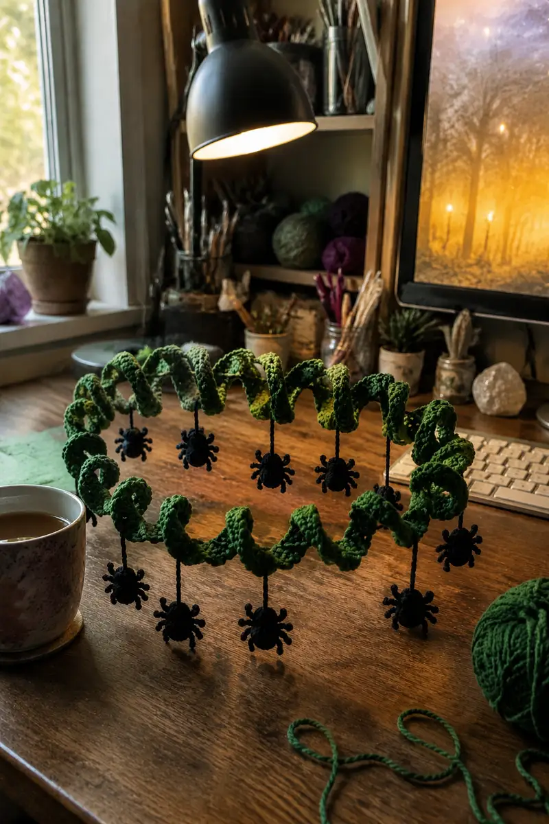 Free Intermediate crochet pattern: Green Spiral Halloween Garland with Dangling Spiders Pattern - Easy to follow tutorial