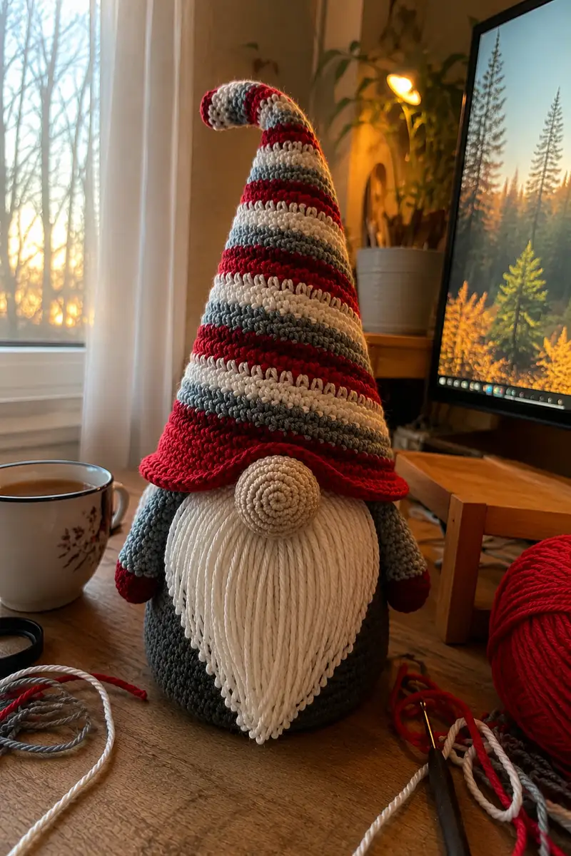 Free Intermediate crochet pattern: Big Christmas Gnome with Striped Hat and Button Nose Amigurumi Pattern - Easy to follow tutorial