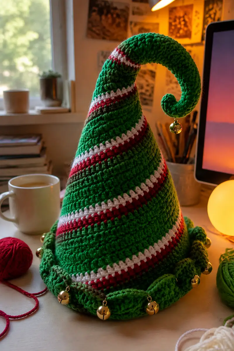 Free Intermediate crochet pattern: Big Green Spiral Elf Hat with Jingle Bells and Candy Stripes Pattern - Easy to follow tutorial