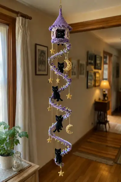 Lavender Roof Spiral Garland with Black Cats and Moon Charms Pattern step 1 - construction progress