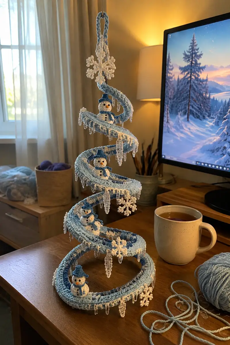 Free Advanced crochet pattern: Icy Blue Spiral Christmas Garland with Snowmen and Icicles Pattern - Easy to follow tutorial