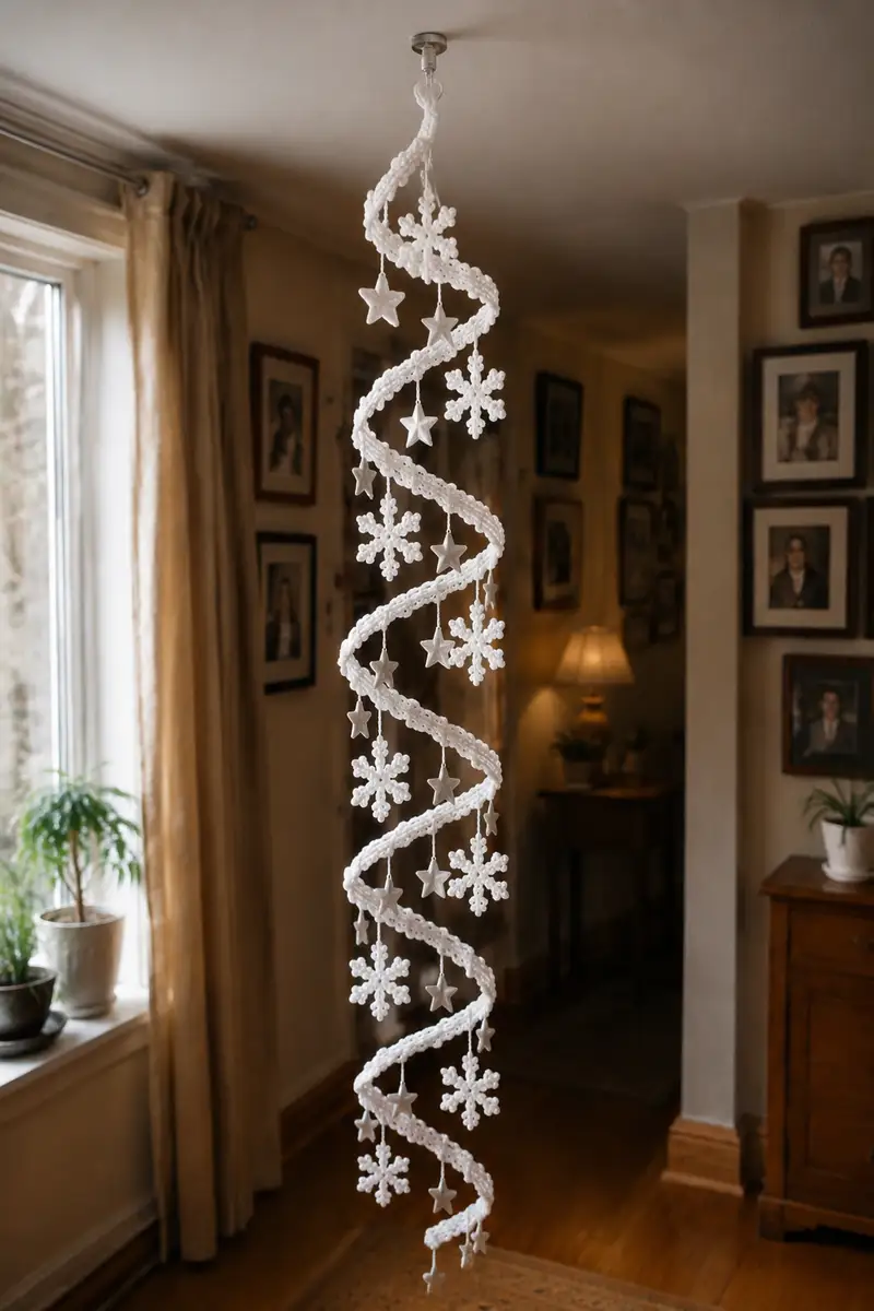 Free Intermediate crochet pattern: White Snowflake Spiral Christmas Garland Cascading with Silver Stars Pattern - Easy to follow tutorial