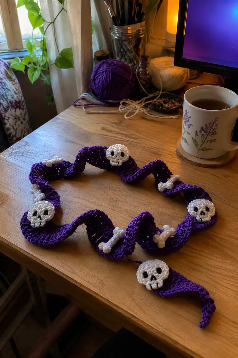 Free Intermediate crochet pattern: Purple Spiral Halloween Garland with Skulls and Bones Pattern - Easy to follow tutorial