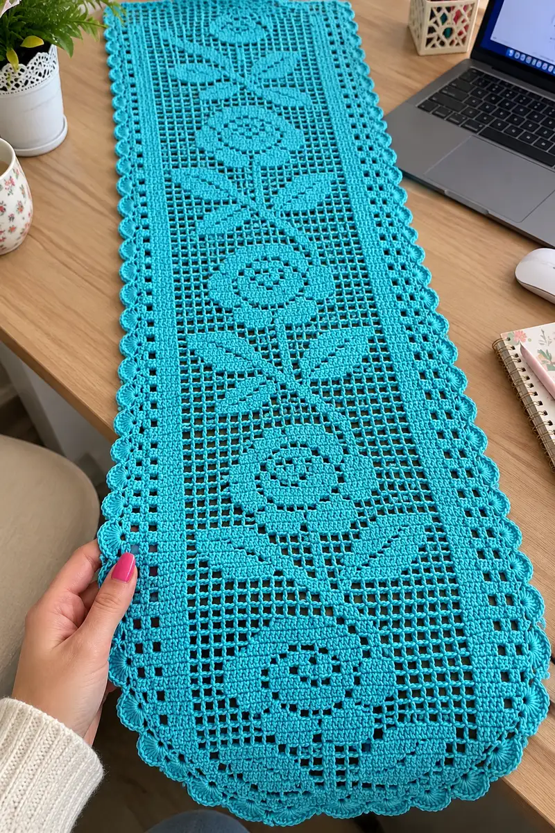 Turqoise Color Solid Handmade Turquoise Blue Rose Table Runner Pattern