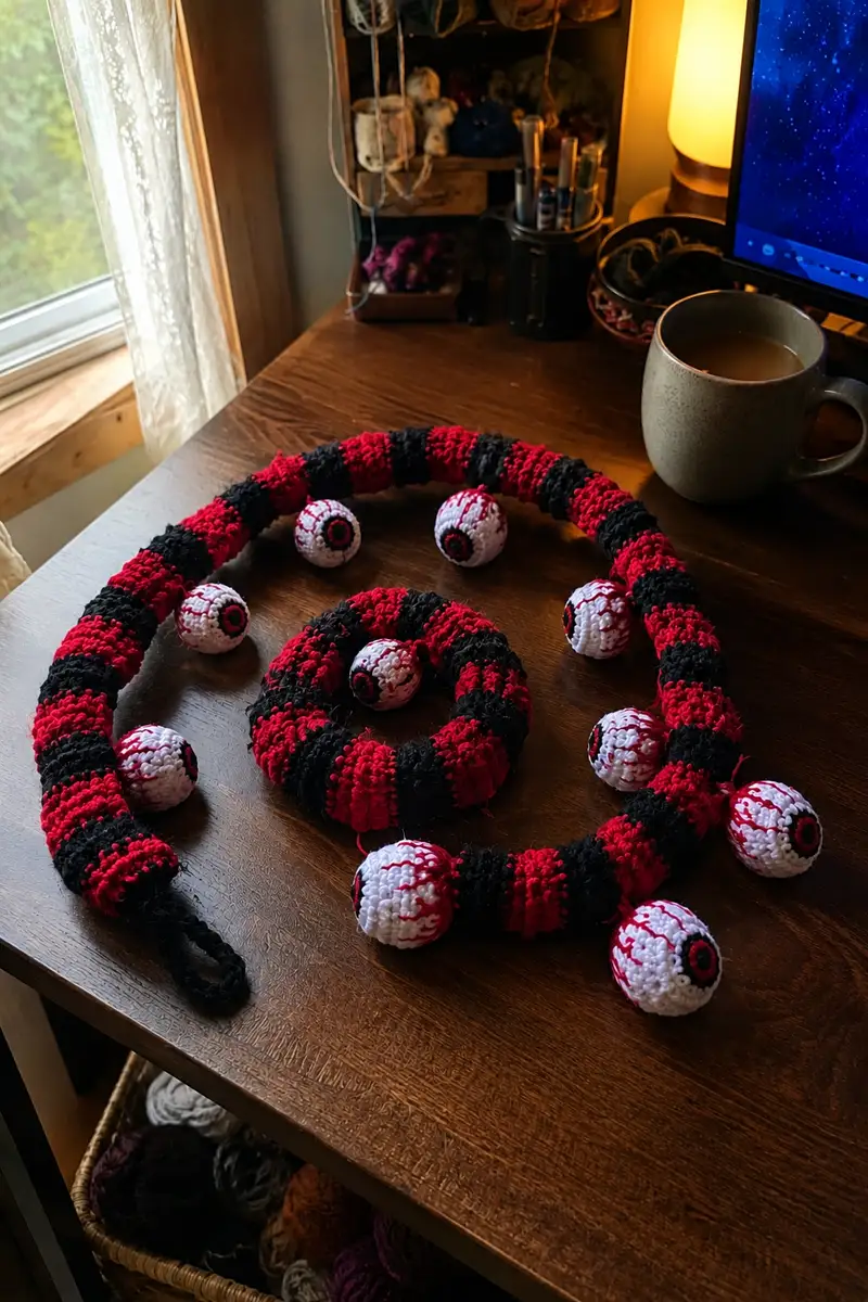Free Intermediate crochet pattern: Black and Red Spiral Halloween Garland with Bloody Eyeballs Pattern - Easy to follow tutorial