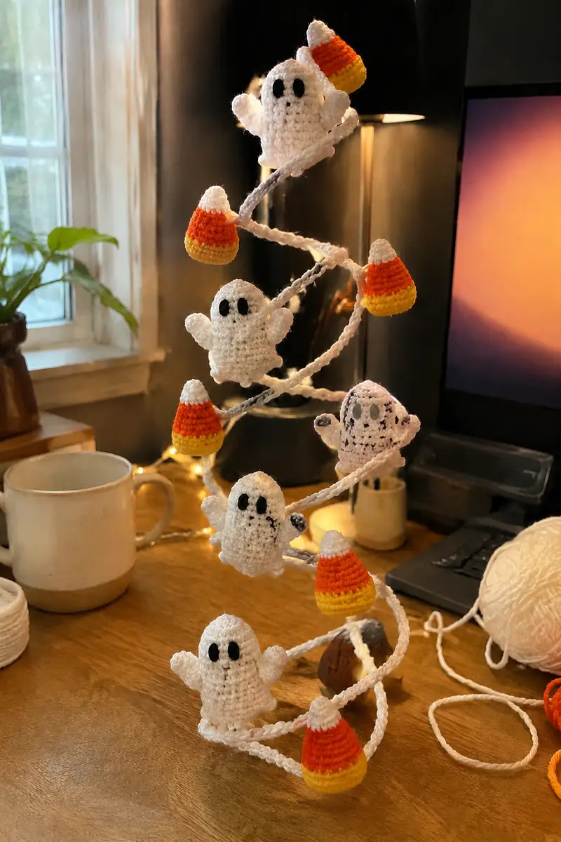 Free Intermediate crochet pattern: White Ghost Spiral Halloween Garland Amigurumi Pattern - Easy to follow tutorial