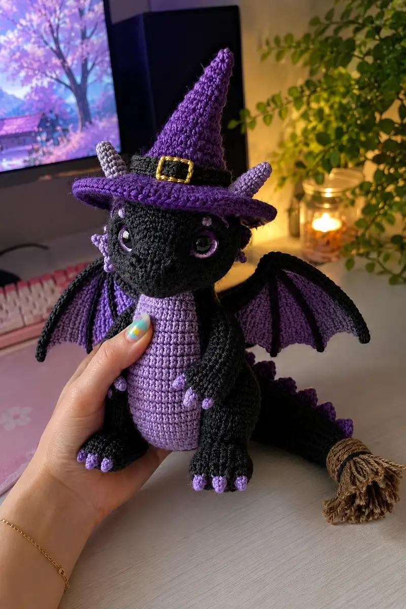 Free Intermediate crochet pattern: Big Witch Dragon with Purple Hat and Broomstick Tail Amigurumi Pattern - Easy to follow tutorial