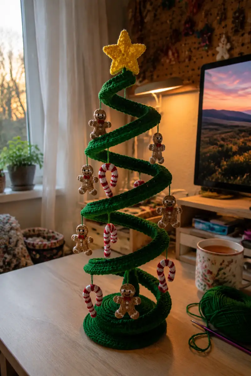 Free Intermediate crochet pattern: Green Spiral Christmas Garland with Gingerbread Men and Candy Canes Pattern - Easy to follow tutorial