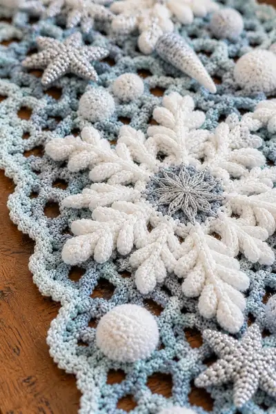 Fancy 3D Snowflake Crochet Winter Table Runner Pattern step 2 - assembly progress