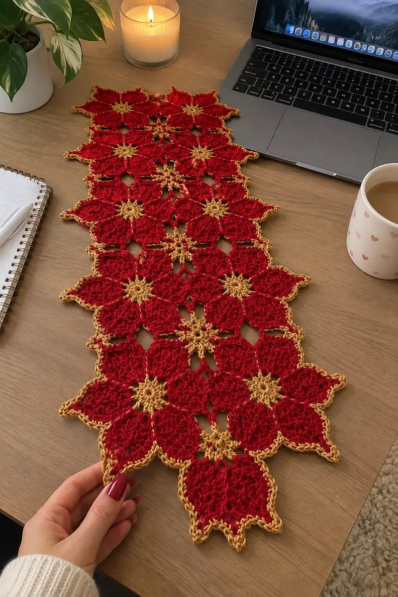 Poinsettia Table Runner Pattern crochet pattern - detailed view of completed project