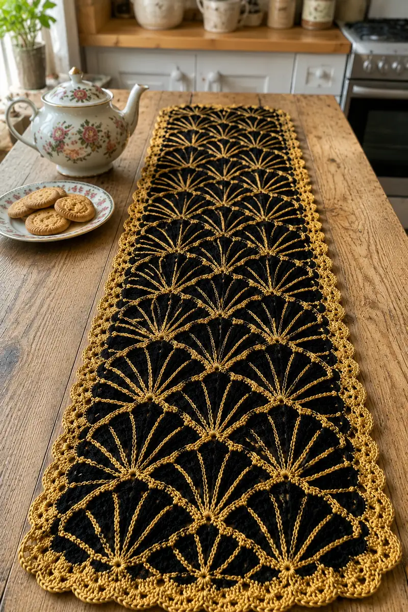 Art Deco Fan Motif Table Runner in Black and Gold Pattern crochet pattern - detailed view of completed project
