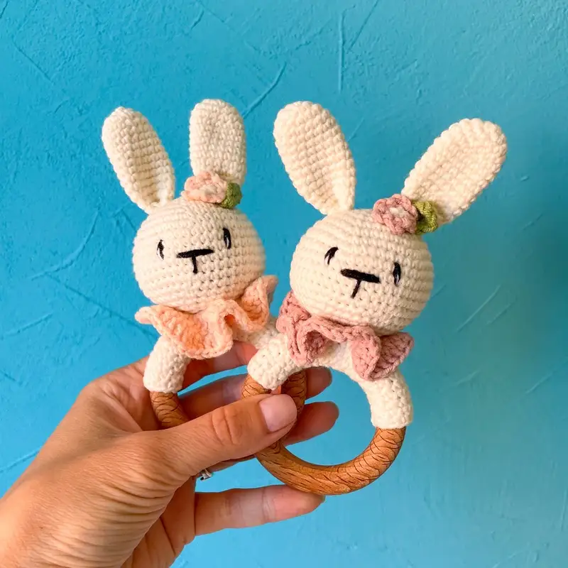 Free Beginner Friendly crochet pattern: Bunny baby rattle with teether ring Amigurumi Pattern - Easy to follow tutorial