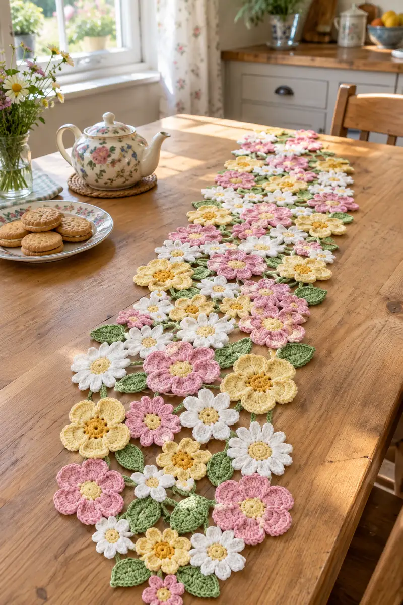 Spring Meadow Floral Table Runner Pattern crochet pattern - detailed view of completed project