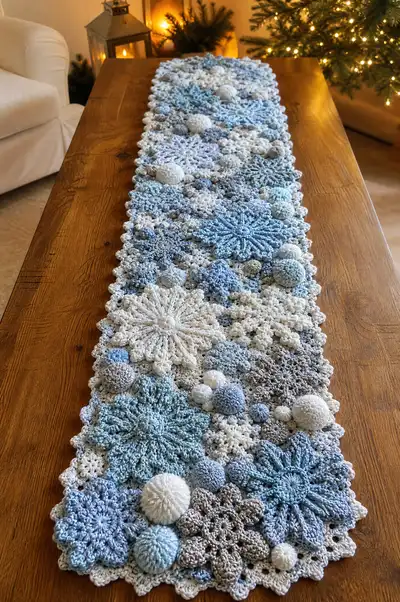 Long Snowflake and Bobble Winter Table Runner Pattern step 1 - construction progress