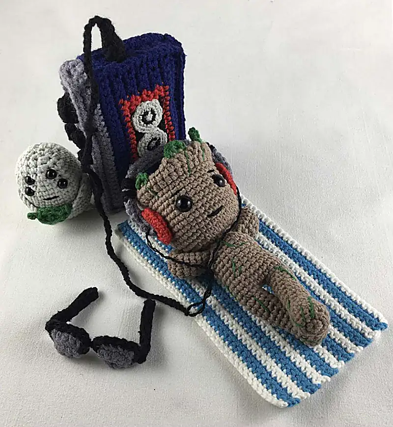 Free Advanced crochet pattern: Groot with Headphones and Audio Player Amigurumi Pattern - Easy to follow tutorial